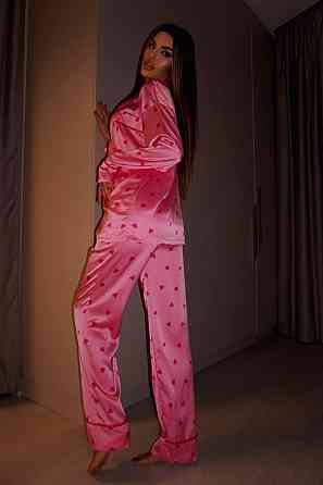 Женская пижама двойка с сердечками из шелка армани. Малиновый, 48/50 Одесса