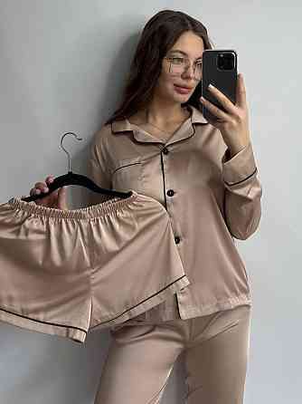 Комплект шовковий трійка сорочка з шортами і штанами Бежевий M Харків