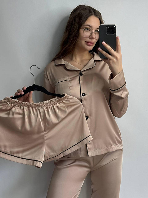 Комплект шелковый тройка рубашка с шортами и штанами Бежевый M Харьков - изображение 1