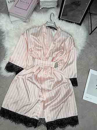 Женский домашний халат в полоску шелк армани с кружевом Пудровый, 48/52 Одесса
