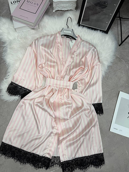 Женский домашний халат в полоску шелк армани с кружевом Пудровый, 48/52 Одесса - изображение 1