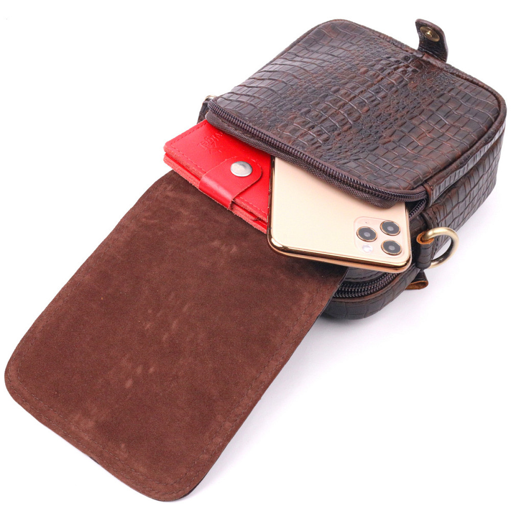 Фактурна чоловіча сумка з натуральної шкіри з тисненням під крокодила 21300 Vintage Коричнева Київ - фото 8