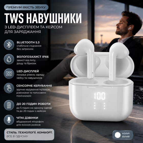 Беспроводные Bluetooth-наушники со светодиодным дисплеем Power Charging Case (Водозащита IPX6) Киев
