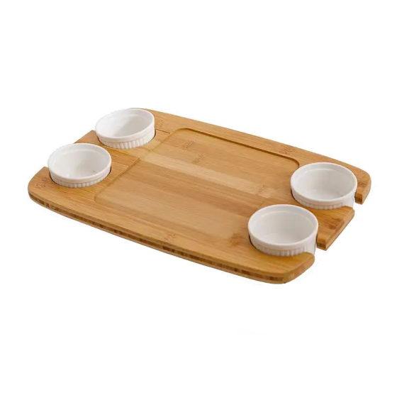 Бамбуковая доска для сервировки и подачи еды с соусниками, деревянная менажница для завтраков 38.5×25.4×3.5 см Каменец-Подольский