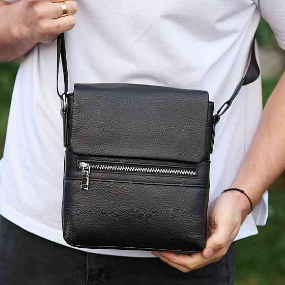 Кожаная мужская сумка-месенджер 21х23х5.5, сумочка кросс боди через плечо черная Tiding Bag 56230 Киев