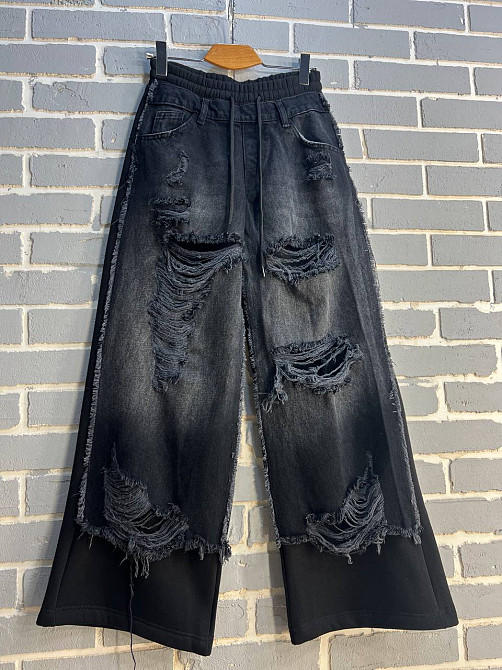 Джинси жіночі I8 80085-186 комбіновані з трикотажем рвані палаццо талія на резинці фліс чорний, чорний, XS, XS, 70 см, 98 см Київ - фото 7