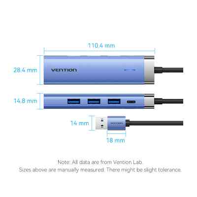 Концентратор Vention USB 3.0 to USB 3.0x3/RJ45/Type-C Hub Blue Aluminum Alloy 5-in-1 (TGFSB) Вінниця