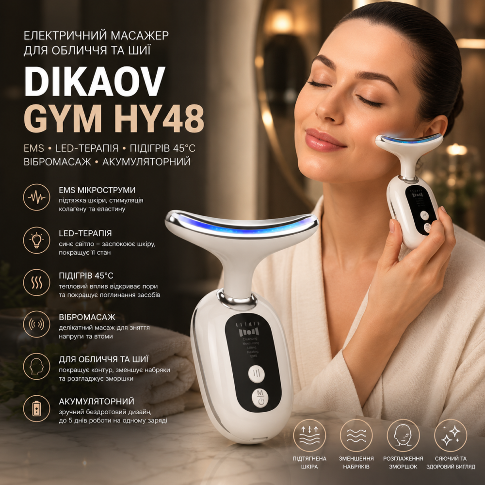 Электрический массажёр для лица и шеи DIKAOV GYM HY48, EMS, LED-терапия, подогрев 45°C, вибромассаж, аккумуляторный Киев - изображение 9