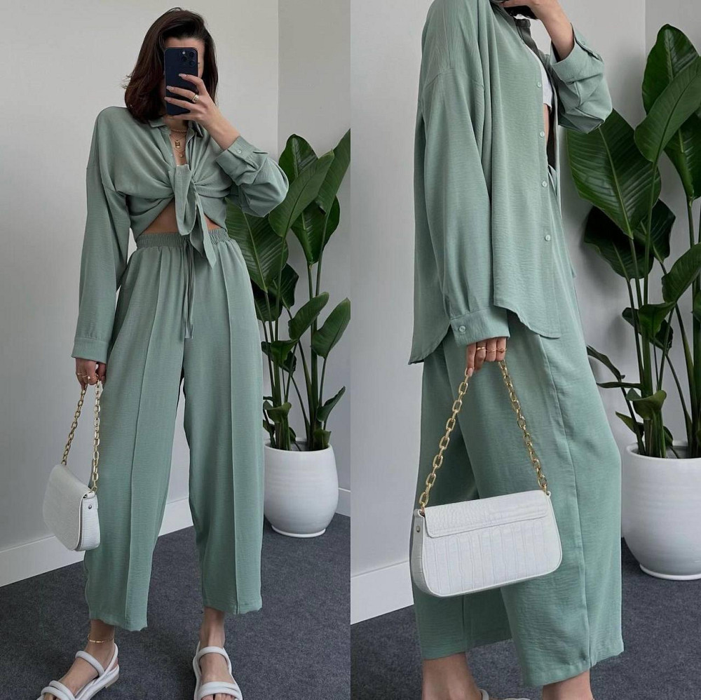 Женский легкий брючный костюм двойка: рубашка и брюки американский креп Оливка, 42/44 Одесса - изображение 1