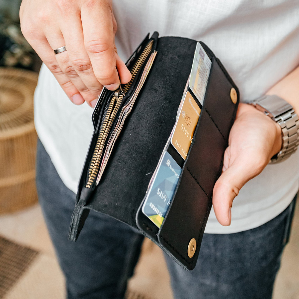 Чоловічий гаманець із натуральної шкіри Crazy Horse, місткий гаманець на кнопках, чорнийMasterSem Київ - фото 2