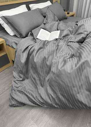 Комплект постельного белья Страйп-сатин Полуторный с простыней на резинке 140х200х25, пододеяльник 150х220, 2 наволочки 70х70 Серый (88-213) Киев