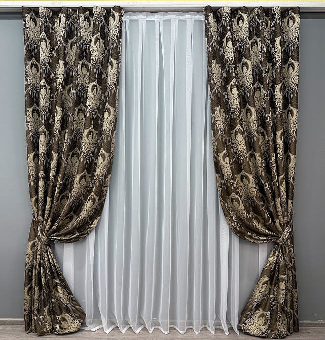 Комплект готових штор VR-Textil Парча № 1774ш Венге з бежевим 155х290 см 2 шт (33-0738) Київ - фото 2