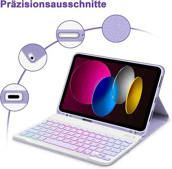 Чохол з клавіатурою для iPad 10 (10.9” 2022), iPad A16 11” (2025) QWERTZ знімна Bluetooth-клавіатура з підсвічуванням, лавандовий Київ