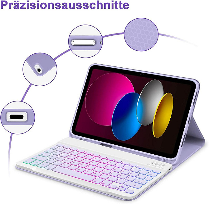 Чохол з клавіатурою для iPad 10 (10.9” 2022), iPad A16 11” (2025) QWERTZ знімна Bluetooth-клавіатура з підсвічуванням, лавандовий Київ - фото 5