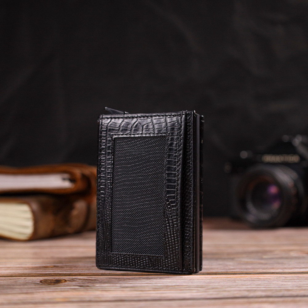 Фактурний картхолдер унісекс у три складання з автоматичним механізмом з натуральної шкіри з тисненням CANPELLINI 21931 Чорний Київ - фото 9