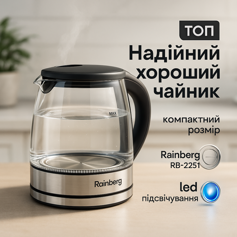 Чайник стеклянный электрический Rainberg RB-2251 - 1л, Хороший электрочайник для дома KB-54 Львов - изображение 16