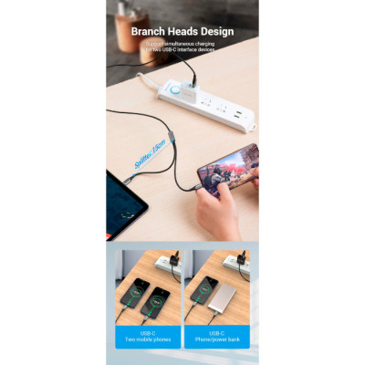 Дата кабель USB 2.0 AM to 2хUSB-C M 1.0m Y-Splitter Charging Cable 2.4А 480Mbps Aluminum Al Vention (CQOHF) Винница - изображение 5