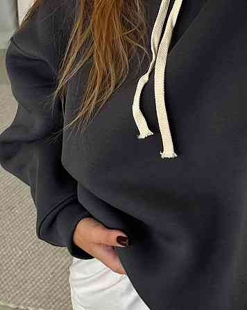 Жіноча стильна оверсайх худі турецька тринитка на флісі ПЕНЬЕ Графіт Одеса