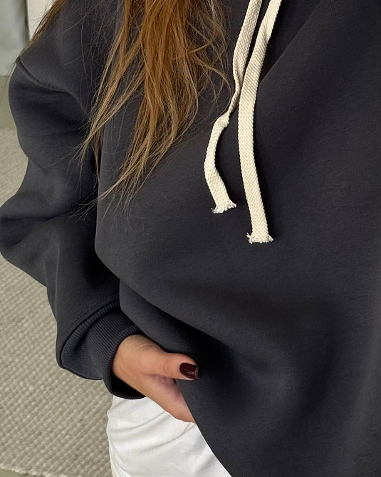 Женская стильная оверсайх худи турецкая трехнить на флисе ПЕНЬЕ Графит Одесса - изображение 6