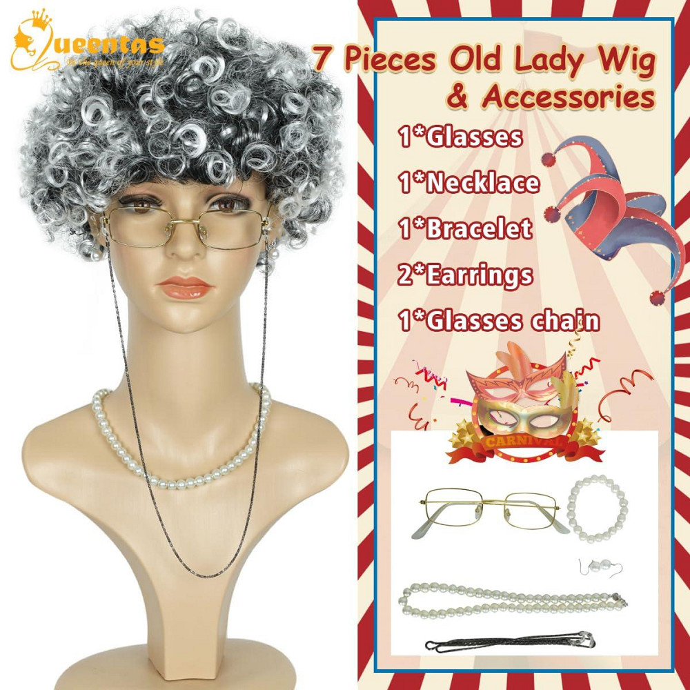 Перука сива бабуся кучерява, термостійка, набір комплект для косплею, свят, Геловіну, корпоратив, вистав Київ - фото 3