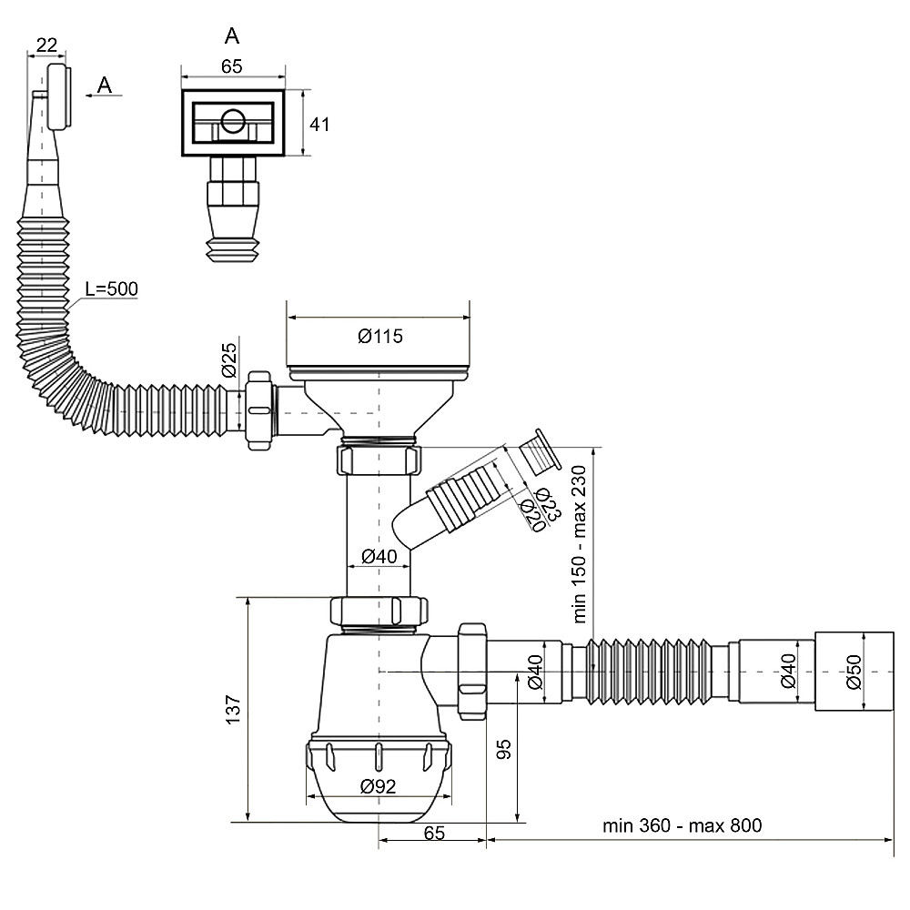 Сифон OPTIMUM 31/2″*40 для мийки з відведенням для прал маш, з прямокутним гнучким переливом та гнучкою трубою 40х40/50 OPTI  27343 Тернополь - изображение 8