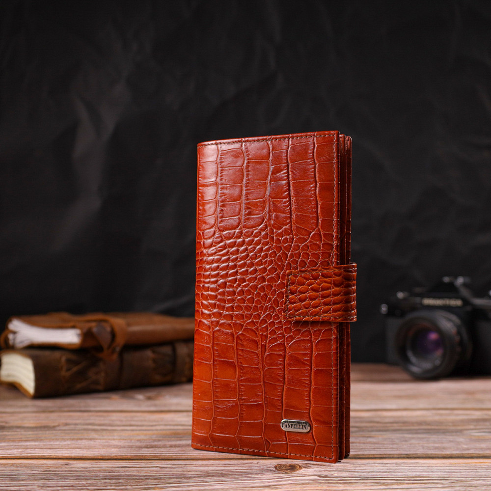 Лакированное вертикальное мужское портмоне из натуральной фактурной кожи с тиснением под крокодила CANPELLINI 21719 Коричневое Киев - изображение 3