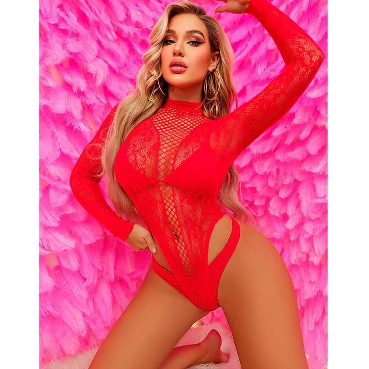 Эффектный боди с открытой спиной и длинными рукавами - Красный - S/M/L – Эротическое бельё Винница - изображение 1