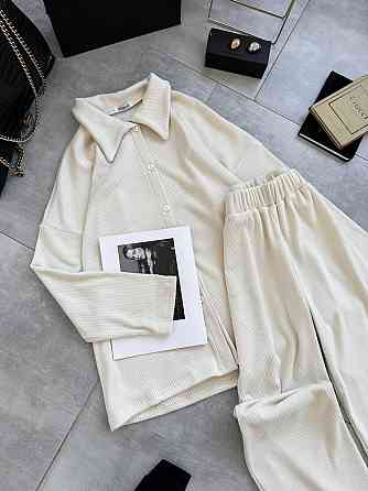 Женский базовый теплый оверсайз костюм двойка: рубашка и штаны турецкая двухсторонняя ангора рубчик Одесса