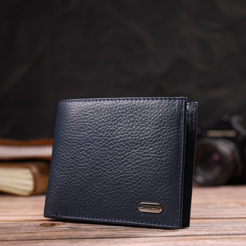 Горизонтальне чоловіче портмоне із натуральної зернистої шкіри Синє (CANPELLINI) Київ - фото 2