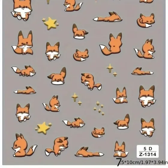 3D наклейки для нігтів із лисицею та зірками – силіконові самоклеючі стікери Київ