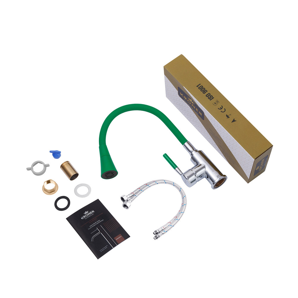 Смеситель для кухни с гибким изливом Kroner KRM Kuche - C132GRN зеленый/хром Киев - изображение 9