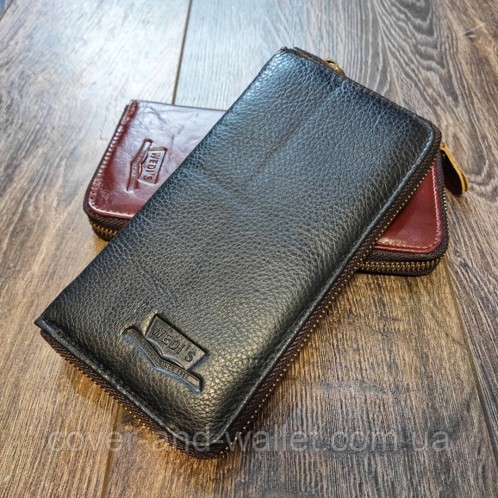 Недорогий чоловічий гаманець на блискавці з натуральної шкіри чорного кольору Wedis Київ - фото 1