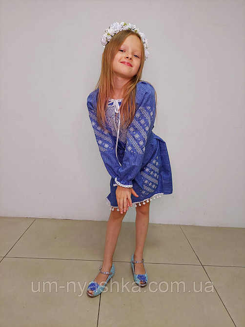 Дитяча сукня-вишинка вишите плаття "Джинс-помпони" на зріст 104-158 Кривий Ріг - фото 7