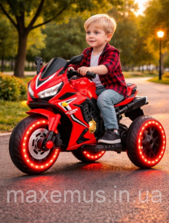 Детский электромотоцикл на аккумуляторе SPOKO S P5 1 8 красный с подсветкой колес и музыкой (2 мотора, 3-6 лет) Мостиска