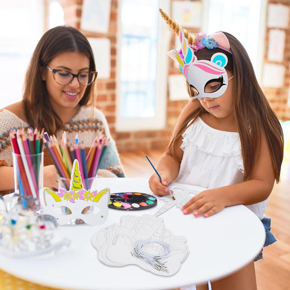 Набір масок єдинорога 24 шт паперові для розмальовки рожевий різнобарвний з пензлем і резинками креативний набір для дітей Київ - фото 7
