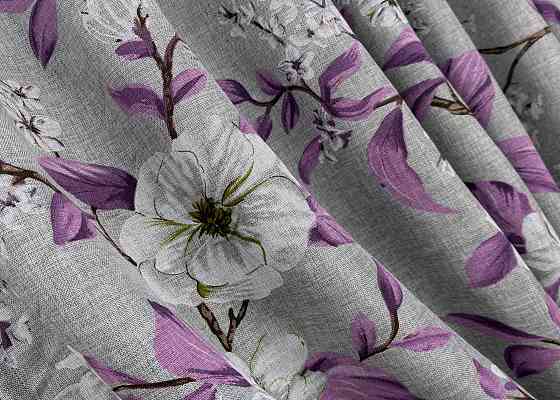 Комплект штор VR-Textil Лен Прованс 150х265 2шт и Тюль 600х265 1820ш-1802т Серый с фиолетовым и белым 71-109/5 Киев