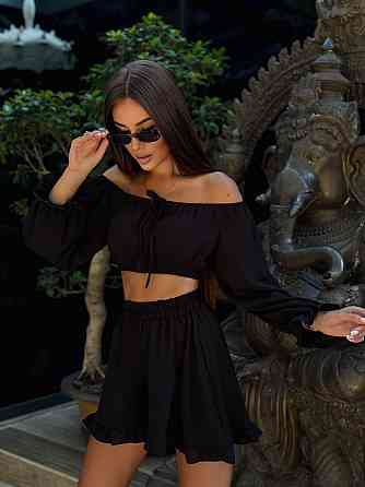 Женский легкий романтичный костюм двойка: топ и шорты американский креп жатка Черный Одесса