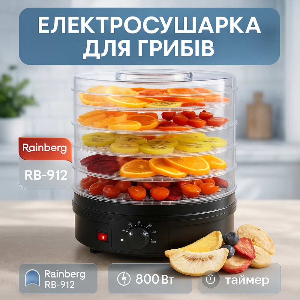Сушарка для фруктів та овочів 5 ярусів 800Вт чорний Rainberg RB-912 електро дегідратор WC-95 Львів - фото 6