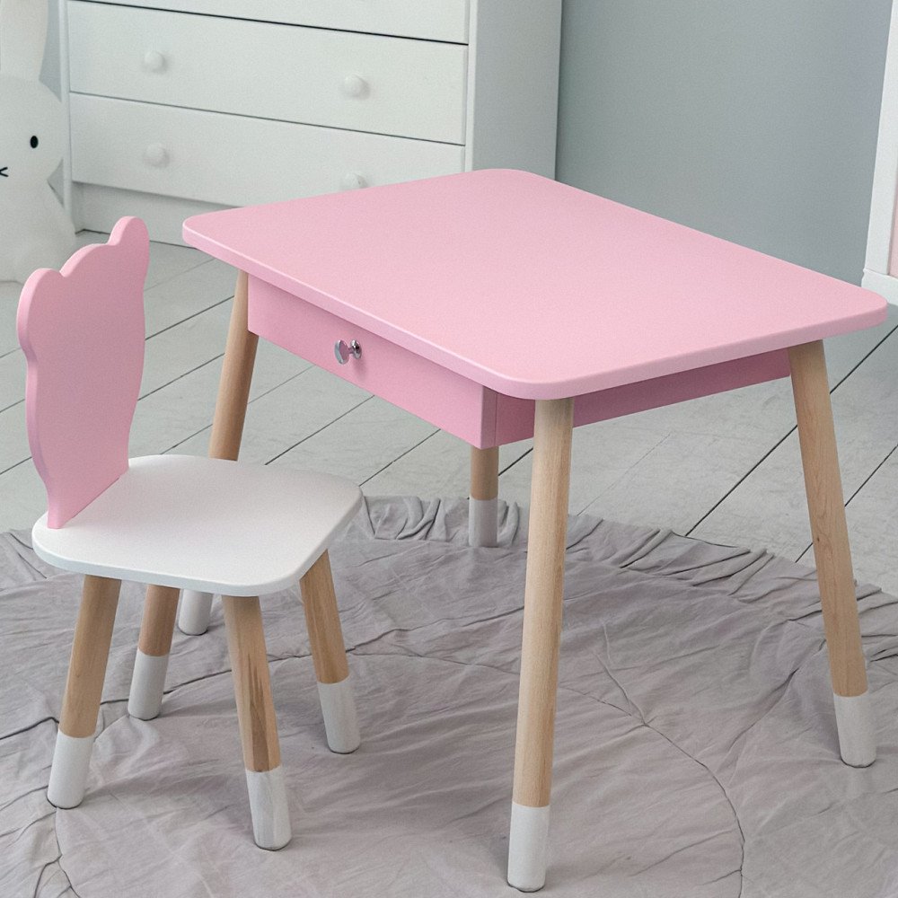 Стол прямоугольный с ящиком 46х60х45 и стул медвежонка 26х26х24, столик и стульчик для детской комнаты, розовый с белым Каменское - изображение 6