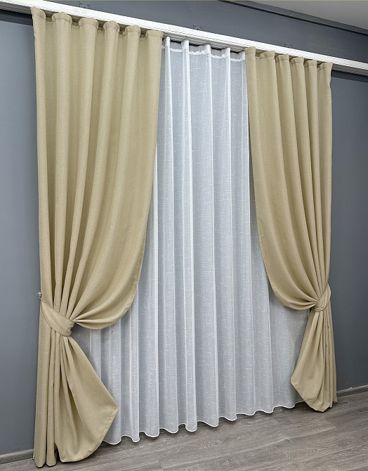 Комплект штор VR-Textil Лен Мешковина 150х270 2шт и Тюль 500х270 114ш-115т Бежевый с белым 71-022/4 Киев - изображение 2