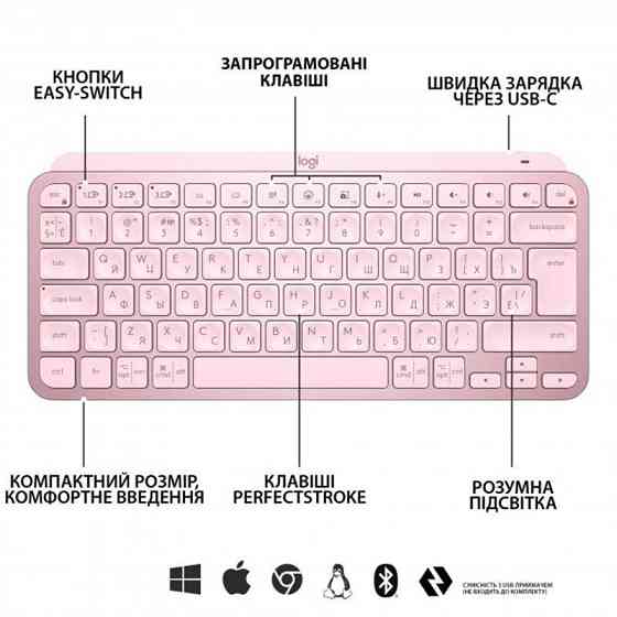 Клавіатура бездротова Logitech MX Keys Mini Wireless Illuminated UA Rose (920-010500) Рожевий Харьков