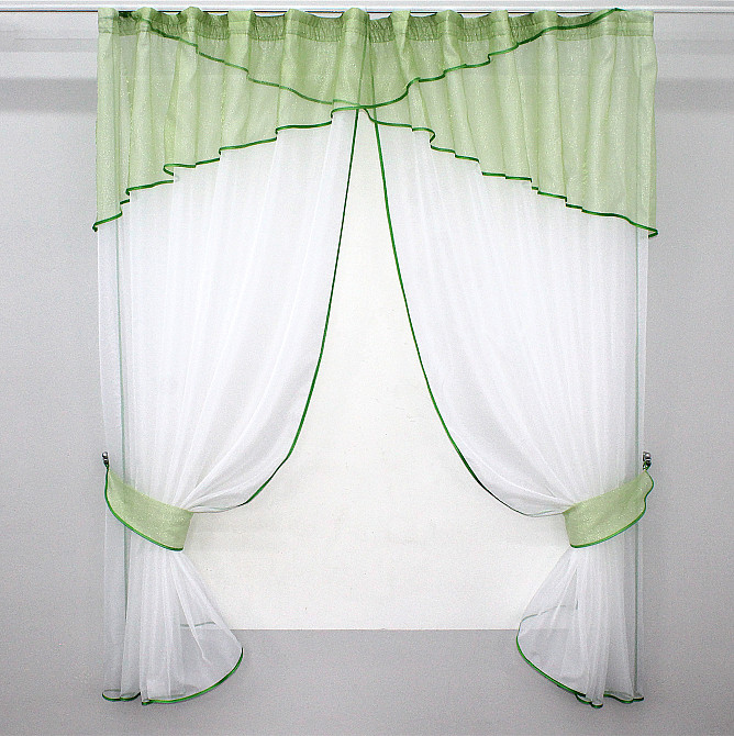 Кухонні штори VR-Textil № 091к з ламбрекеном і підв'язками салатовий із білим 280х170 см (59-565 ) Київ - фото 1