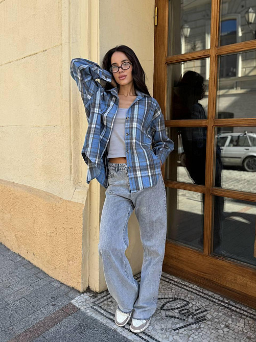 Женская теплая рубашка свободного кроя в клетку турецкая байка Голубой, 42/44 Одесса - изображение 4