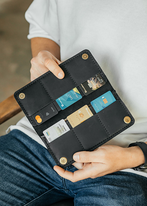 Чоловічий лонгер із натуральної шкіри, місткий чоловічий клатч, Чорний гаманець зі шкіри Crazy HorseMasterSem Київ - фото 3