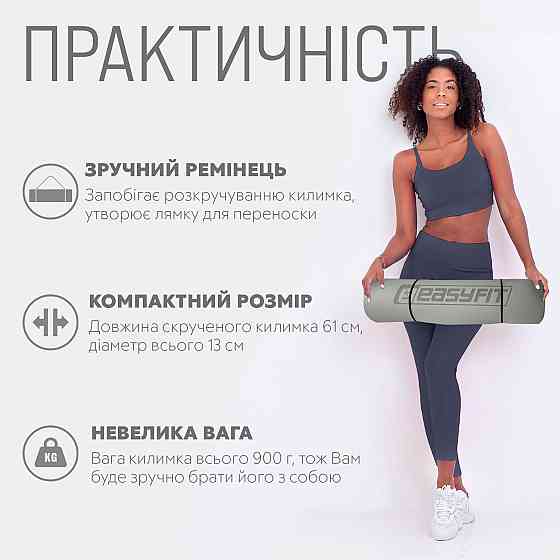 Килимок для йоги та фітнеса EasyFit TPE+TC 6мм двошаровий + Чохол сірий з чорним Коломия