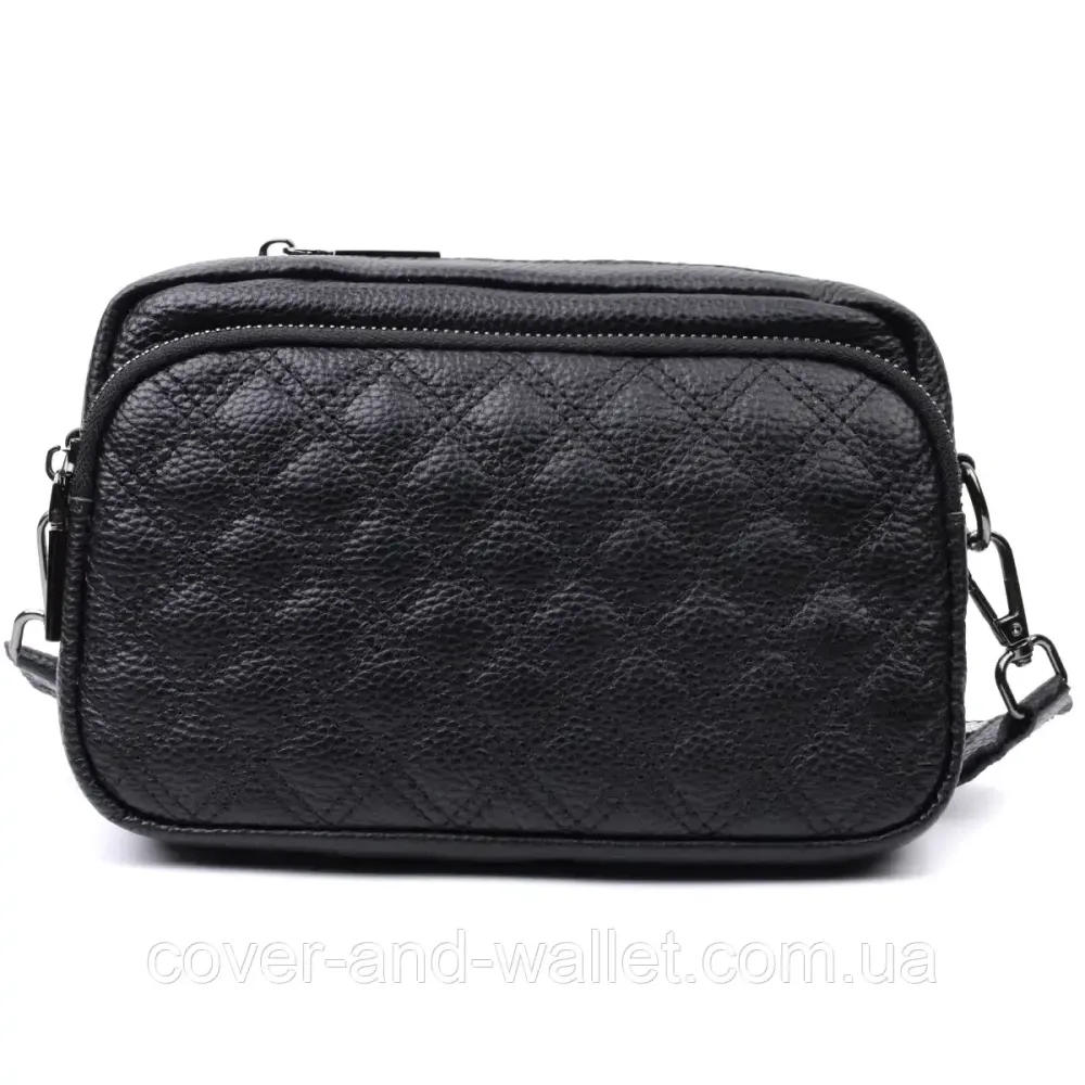 Стильна жіноча сумка чорного кольору із  натуральной шкіри в ромб Київ - фото 4