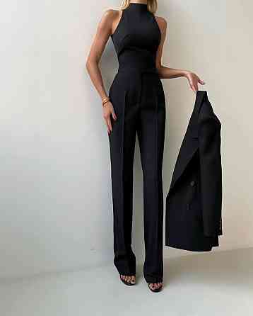 Женский классический костюм четверка: пиджак + кроп-топ + юбка миди + брюки костюмка Черный, 44 Одесса