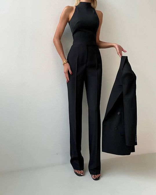 Женский классический костюм четверка: пиджак + кроп-топ + юбка миди + брюки костюмка Черный, 44 Одесса - изображение 4