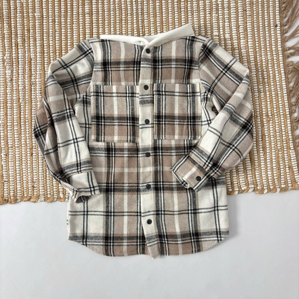 Дитяча тепла кашемірова сорочка в бежеву карту з капюшоном, для хлопчика, для дівчинки 116 Кам'янець-Подільський - фото 1