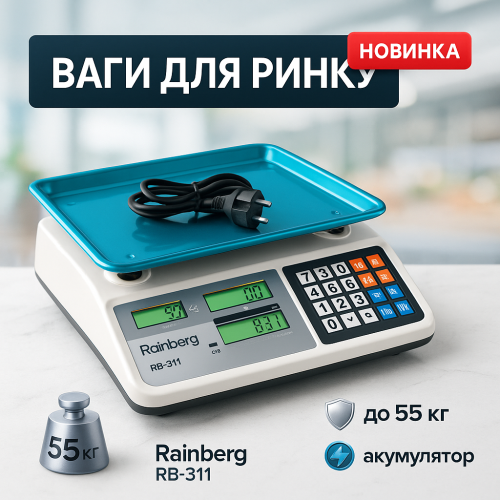 Ваги торговельні електронні акумуляторні Rainberg RB-311 до 55 кг з лічильником ціни 2 дисплеї SH-80 Львів - фото 12
